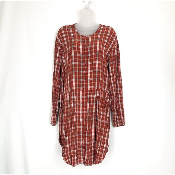 FLAX Rayon/ Acetate Rust Plaid Vintage  Long Sleeve Tunic Dress Large - Picture 1 of 8